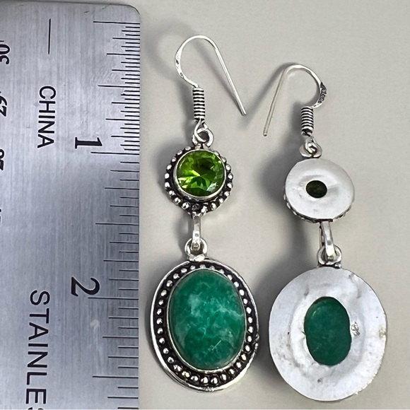 New Faceted Enhanced Green Emerald Stone and Sim Peridot Silver Overlay Earrings - Picture 7 of 7